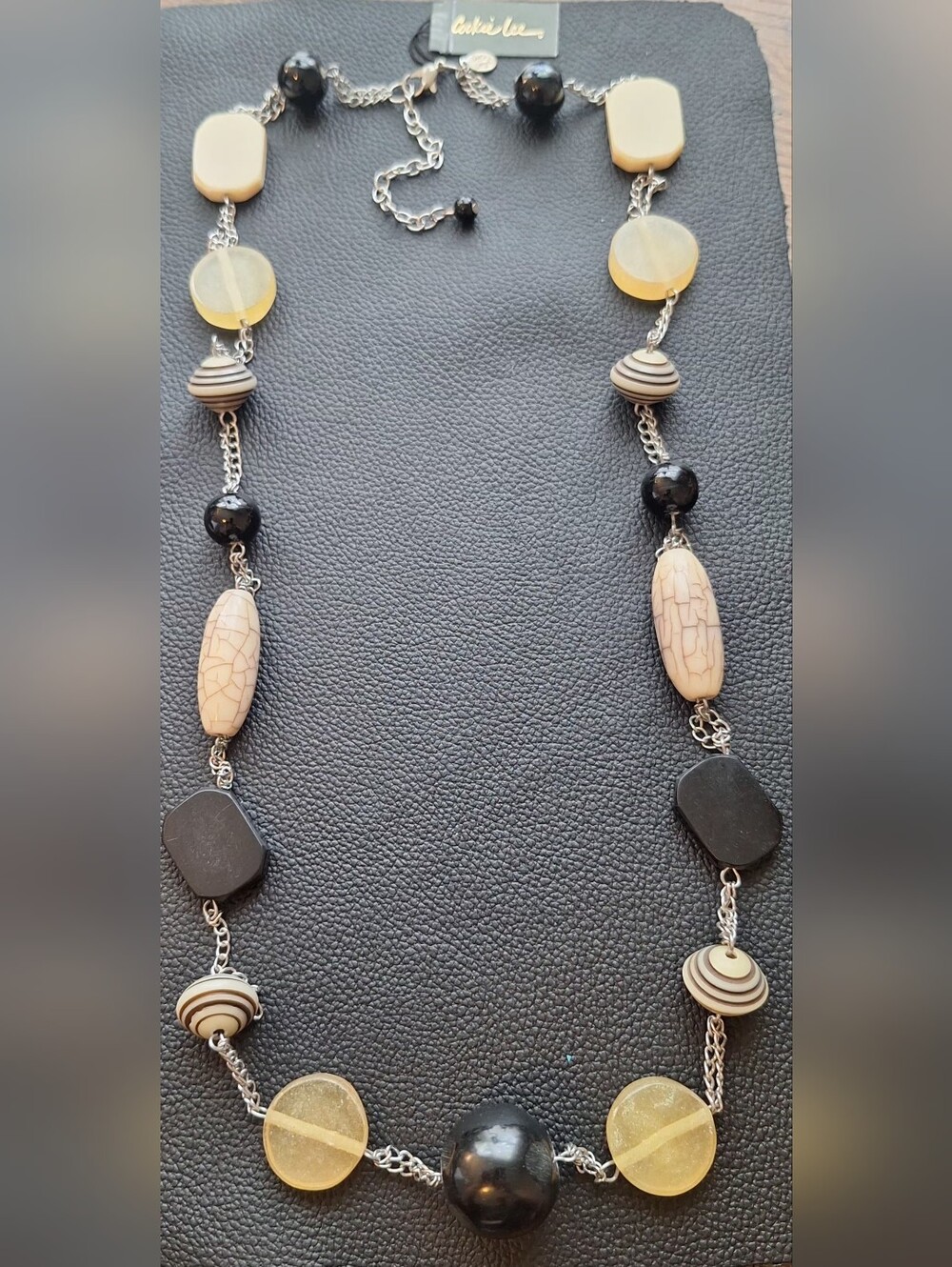 37"-40" Cookie Lee Cream, Black and Yellow Beaded Long Necklace NWT